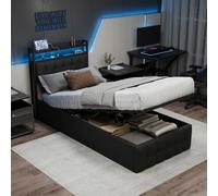 BAJKNIU 90 x 200 cm. Structure de lit simple rembourrée avec compartiment de rangement à levage hydraulique, lumières LED réglables, station de charge, tête de lit en polyuréthane, sommier à lattes en