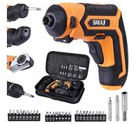BAKAJI 1 visseuse électrique rechargeable 4 Nm 200 tr/min avec 3 adaptateurs + cutter magnétique et 28 pointes lumière de travail à LED, étui en tissu.