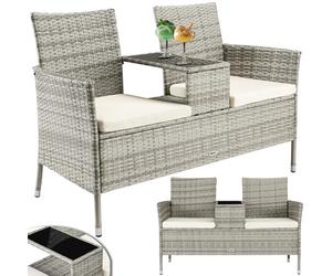 BAKAJI Banc de Jardin en polyrotin avec Table intégrée et Coussins, Banc 2 Places d'extérieur, résistant aux Rayons UV et aux intempéries, Banc canapé étagère en Verre 123 x 54 x 82,5 cm (Gris)