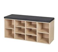 BAKAJI Banc étagère à Chaussures pour Maison Multifonction 10 étagères en Bois mélaminique, bibliothèque Banc avec Coussin en Cuir synthétique, Taille 104 x 29,5 x 49 cm (Beige)