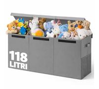 BAKAJI Boîtes de rangement pour enfants, boîte de rangement avec couvercle et 3 compartiments, porte-jeux de chambre pliable en TNT, boîtes de rangement capacité 118 litres, 91,5 x 32 x 40,5 cm (gris)