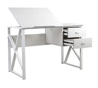BAKAJI Bureau avec 2 tiroirs et Plateau inclinable Table de Travail Porte-PC Ordinateur Structure en métal et Plateau en Bois MDF décoration Maison Bureau 110 x 75 x 55 cm (Blanc)