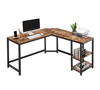 BAKAJI Bureau d'angle en L, avec bibliothèque 2 étagères, table de travail pour ordinateur portable, structure en métal noir et plateau en bois, effet antique, décoration de bureau, design industriel,