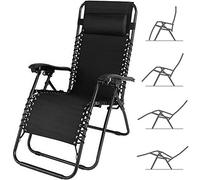 BAKAJI Chaise Longue Transat Jardin Plein Air, Transat de Plage Pliable, Bain de Soleil avec Repose-tête, d’accoudoirs Réglables, Chaise de Camping Gravité Zéro en Oxford (Noir)