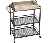 BAKAJI Chariot de cuisine 3 étagères Slim Industrial avec roulettes pivotantes et plateau en bois amovible, multi-usages , chariot esthéticienne structure en métal, 65 x 33 x 91H cm (bronze)