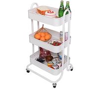 BAKAJI Chariot de cuisine en métal, 3 étagères, style industriel, 4 roues pivotantes, chariot de rangement idéal pour cuisine, salle de bain, salon, design peu encombrant, 46 x 40 x 84 cm (blanc)
