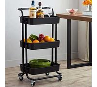 BAKAJI Chariot de cuisine en métal avec 3 étagères en plastique et 4 roulettes pivotantes à 360 degrés avec frein Trolley gain de place, ameublement maison, cuisine, dimensions 32,5 x 75 x 25 cm, noir