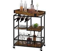 BAKAJI Chariot de Cuisine Multifonction avec Plateau séparable et 4 Roues, Chariot de Style Industriel avec Structure en Fer Noir et étagères en Bois Noyer, Compartiment Porte-Bouteilles