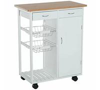 BAKAJI Chariot de Cuisine Peu encombrant en Bois Blanc avec 2 paniers à Fruits en Acier, tiroirs Porte-Couverts avec 1 Porte et 4 Roues pivotantes à 360 degrés