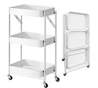 BAKAJI Chariot de Cuisine Pliable avec 3 étagères, 4 roulettes pivotantes à 360 degrés, avec Frein intégré en métal, Chariot Gain de Place, Dimensions 29 x 40 x 76 cm (Blanc)