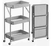 BAKAJI Chariot de Cuisine Pliable avec 3 étagères, 4 roulettes pivotantes à 360 degrés, avec Frein intégré en métal, Chariot Gain de Place, Dimensions 29 x 40 x 76 cm (Gris)