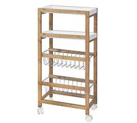 Bakaji Chariot de cuisine slim gain de place en bois de bambou avec 2 plateaux amovibles, 2 paniers à fruits en métal et 4 roues