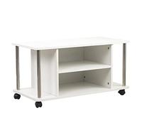 BAKAJI Chariot de Porte TV Blanc avec 4 Roues Meuble Horizontal Bas pour télévision en Bois MDF Chariot Table Basse Moderne Design mobilier avec étagères étagères de Rangement Fonctionnel