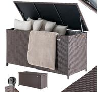 BAKAJI Coffre de rangement de jardin en polyrotin 420 litres, boîte d'extérieur imperméable résistante aux rayons UV, coffre XXL avec roues pour transport et poignée, 121 x 55 x 60 cm (marron)
