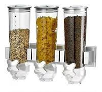 BAKAJI Distributeur de céréales triple mural, distributeur à trois montage mural, distributeur pour aliments secs, bonbons, corn flakes, noix, couvercle amovible avec fermeture hermétique (argent)