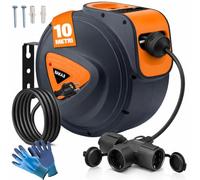 Bakaji Enrouleur de câble électrique avec câble prise Shucko fixation murale système verrouillage automatique, gain de place, rallonge électrique professionnelle et bricolage (10 m 3 prises)