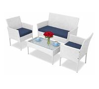 BAKAJI Ensemble Salon Jardin avec canapé 2 fauteuils et Table Basse avec étagère en Verre, Salon d'extérieur avec Structure en polyrotin Blanc, Coussins Amovibles terrasse, Balcon, Bar (Blanc)