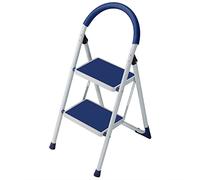 Bakaji Escabeau pliable peu encombrant avec marches antidérapantes et poignée de sécurité, tabouret échelle structure en acier et revêtement en caoutchouc, charge maximale 150 kg (2 marches bleues)