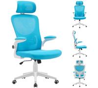 BAKAJI Fauteuil d'étude Bureau Ergonomique en Tissu Respirant, Anti-Transpiration, Dossier avec Support Lombaire et appuie-tête, Hauteur réglable à gaz 116-126 cm (Azur)