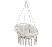 BAKAJI Fauteuil Suspendu d'extérieur Jardin en Corde de Coton Chaise Balancelle hamac Terre Camping avec Structure Circulaire en Acier Assise rembourrée, Coussin Design Moderne (Beige)