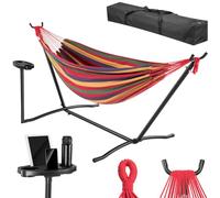 BAKAJI Hamac de Jardin brésilien avec Support en Acier et Support Porte-gobelets, Porte-téléphone et Tablette avec Sac de Service Peu encombrant, capacité de Charge 200 kg, idéal pour l'extérieur et