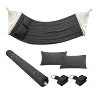 Bakaji Hamac de Jardin Double 2 Places 232 x 148 cm Barres transversales en Bois Revêtement en Poli Coton avec 2 Coussins et Sangles Design Moderne pour Jardin Terre Camping (Anthracite)