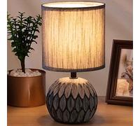 BAKAJI - Lampe de table base sphérique en céramique, abat-jour en tissu gris au design moderne, lumière chevet, chambre à coucher, ampoule E14 max 40 W, 26 x 14 cm