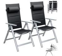 BAKAJI Lot de 2 chaises de Jardin avec Dossier Haut Extra rembourré Pliables, Structure et accoudoirs en Aluminium avec Coussin d'appuie-tête/Lombaire réglables en 8 Positions pour l'extérieur