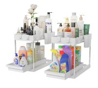 BAKAJI Lot de 2 organiseurs de sous-sol pour salle de bain et cuisine avec tiroir coulissant, étagère de panier coulissante, 2 étagères, étagère sous évier de rangement amovible (blanc)