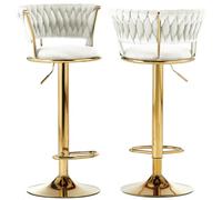 BAKAJI Lot de 2 tabourets de Cuisine avec revêtement en Velours et Dossier tressé et Hauteur réglable, chaises de Bar, Restaurant, Structure pivotante en Or avec Repose-Pieds, Design Moderne (Beige)