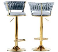 BAKAJI Lot de 2 tabourets de Cuisine avec revêtement en Velours et Dossier tressé et Hauteur réglable, chaises de Bar, Restaurant, Structure pivotante en Or avec Repose-Pieds, Design Moderne (Gris)