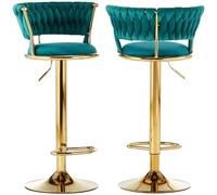 BAKAJI Lot de 2 tabourets de Cuisine avec revêtement en Velours et Dossier tressé et Hauteur réglable, chaises de Bar, Restaurant, Structure pivotante en Or avec Repose-Pieds, Design Moderne (Vert)
