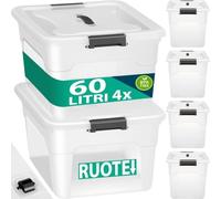 BAKAJI Lot de 4 boîtes de rangement avec couvercle pour vêtements en plastique avec roues, rangement empilable pour vêtements, boîtes pour placard, jouets, livres, gain de place (4 x 60 l haut)