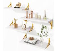 BAKAJI Lot de 4 étagères murales en bois blanc avec supports en métal doré, étagère murale multi-usages montage créatif, étagère pour chambre à coucher, salon, cuisine, salle de bain, bibliothèque peu