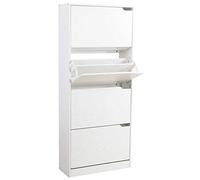BAKAJI Meuble à chaussures en bois MDF avec 4 portes porte-chaussures à rabat, poignées rétractables, double profondeur, dimensions compactes, slim 63 x 24 x 150 cm, entrée maison (blanc frêné)