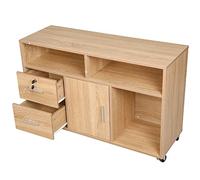 BAKAJI Meuble Multifonction pour imprimante en Bois avec 3 étagères, 2 tiroirs avec t 1 Armoire avec Compartiments, Meuble de Bureau avec roulettes Mobiles, 100 x 35 x 65 cm (chêne)