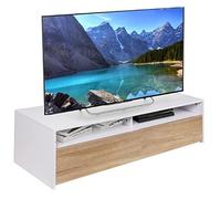 BAKAJI Meuble TV en Bois MDF Buffet avec Base de télévision 2 Compartiments Ouverts et 2 Portes, Dimensions 130 x 40 x 35,5 cm, Couleur Blanc et chêne, Design Moderne, décoration de Maison