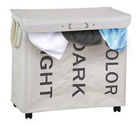 Bakaji Panier à linge sale à 3 compartiments à linge 3 espaces en tissu Oxford pliable avec roulettes et poignées, dimensions 63 x 35 x 57 cm (crème)