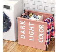 BAKAJI Panier à linge sale à 3 compartiments structure en métal pliable et sac en tissu décoration Sritta conteneur gain de place avec couvercle 64 x 38 x 62 cm (Taupe)
