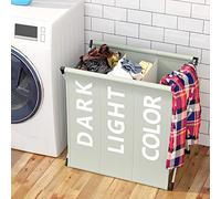 BAKAJI Panier à linge sale à linge 3 compartiments structure en métal pliable et sac en tissu décoration Sritta récipient peu encombrant avec couvercle (gris clair)