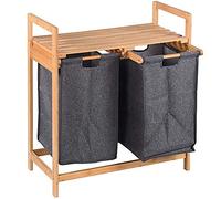 BAKAJI Panier à linge Sporca Casa Structure en bois de bambou avec 2 compartiments porte-linge extractibles en tissu + étagère porte-serviettes Dimensions 73,5 x 63,5 x 33 cm Design moderne Gris