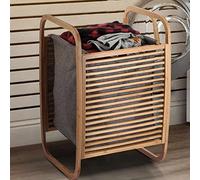 Bakaji Panier à linge Sporca en bambou avec tissu gris porte-linge maison salle de bains Design incurvé moderne Boîte de rangement avec sac amovible 40 x 35 x 61 cm