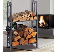 BAKAJI Porte-bois vertical support étagère en métal, porte bois, 2 étagères, intérieur extérieur, bois, maison, jardin, pour cheminée, cheminée, poêle, design moderne (100 x 60 x 30 cm)