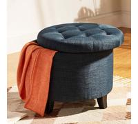 BAKAJI Pouf de Rangement en Bois avec Compartiment intérieur, Coffre de Rangement avec Assise rembourrée, Tabouret Rond 51 x 51 x 43 cm pour Salon, Chambre (Bleu Lin)