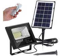 BAKAJI Projecteur LED extérieur 10 W avec panneau solaire, lumière blanche 8000 K, ultra lumineux, 200 lm, lampe phare avec télécommande, fonction minuterie et capteur crépusculaire IP65