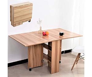 BAKAJI Table de Salle à Manger, Multi-usages, Pliable, Extensible, avec bibliothèque, 2 Compartiments, étagères escamotables, Roues en Bois MDF, Design Moderne, 140 x 80 x 74 cm (chêne)