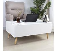 BAKAJI Table de séjour, Salon avec rehausseur, Compartiment de Rangement, Table de Salon Moderne, ouvrable, Blanc, Pieds en Bois, 100 x 60 x 45 cm