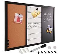 BAKAJI Tableau magnétique blanc et noir avec tableau mémo en liège combiné 60 x 40 cm cadre bois avec set craies marqueur effaçable 2 aimants et 6 punaises design moderne maison bureau
