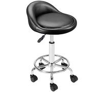 BAKAJI Tabouret avec roues, assise rembourrée et dossier bas en simili cuir, base avec repose-pieds en acier pivotant à 360°, hauteur réglable, idéal pour esthéticienne, cuisine, restaurant, (Noir)