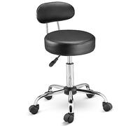 BAKAJI Tabouret avec roulettes et Dossier, Chaise de Travail pivotante avec Support Dos, Assise Rembourrage 10 cm Simili Cuir et Base Acier, Hauteur réglable, pour esthéticienne, Bureau, Travail